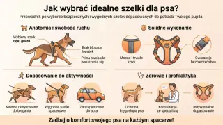 Jakie szelki dla psa wybrać? Ilustracja pokazuje różne rodzaje szelek, ich budowę i dopasowanie do aktywności, dbając o komfort i bezpieczeństwo pupila.